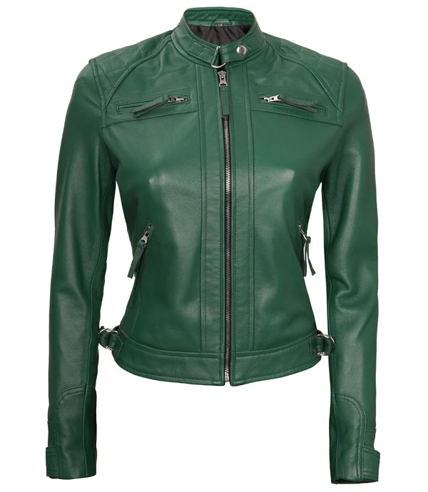 Women Green Diamond Cafe Racer Real Leather Jacket