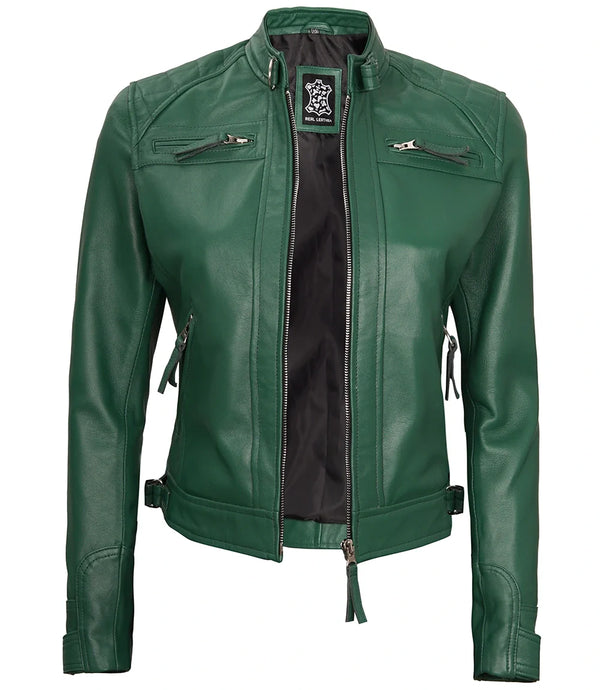 Women Green Diamond Cafe Racer Real Leather Jacket