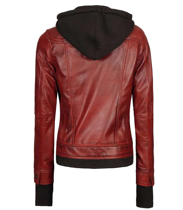 Tralee Women's Bomber Maroon Leather Jacket with Removable Hood