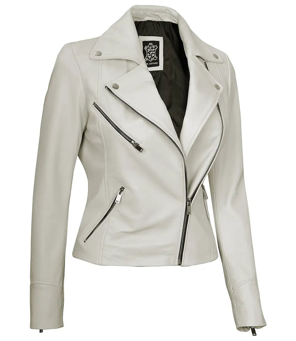 Ninfa Women Moto Style Off White Real Leather Jacket