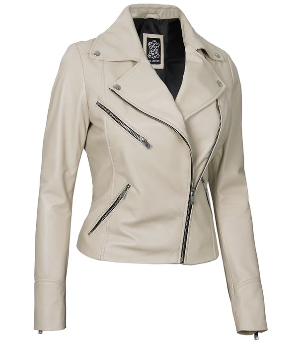 Ninfa Women Moto Style Beige Real Leather Jacket