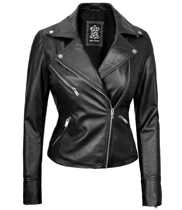 Women's Black Asymmetrical Real Leather Motorcycle Jacket