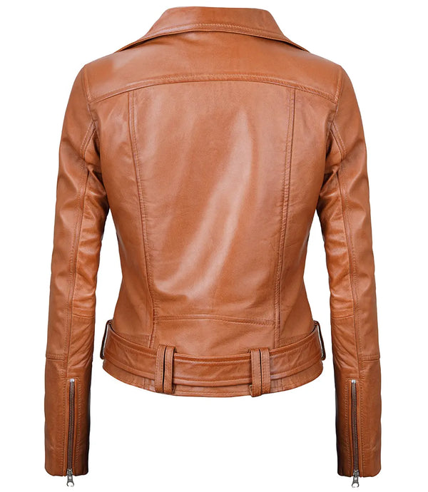 Women's Light Brown Leather Biker Jacket