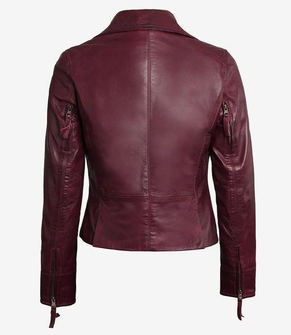 Ramsey Women's Maroon Asymmetrical Waxed Biker Leather Jacket