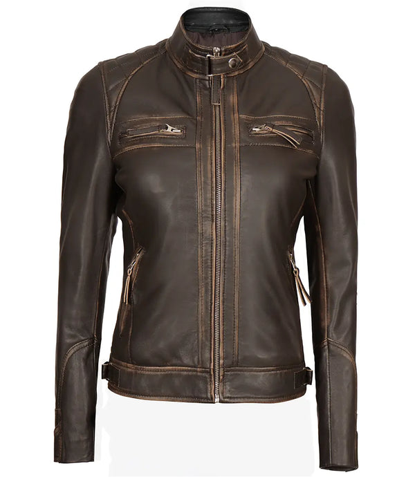 Women's Rub Off Dark Brown Quilted Leather Cafe Racer Jacket with Strap Collar