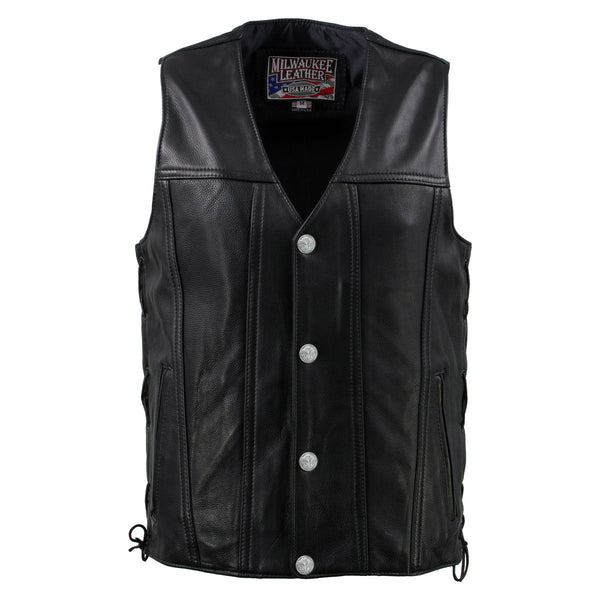 Milwaukee Leather USA MADE MLVSM5005 Men's Black Road Whip Premium Motorcycle Leather Vest with Buffalo Snap Buttons