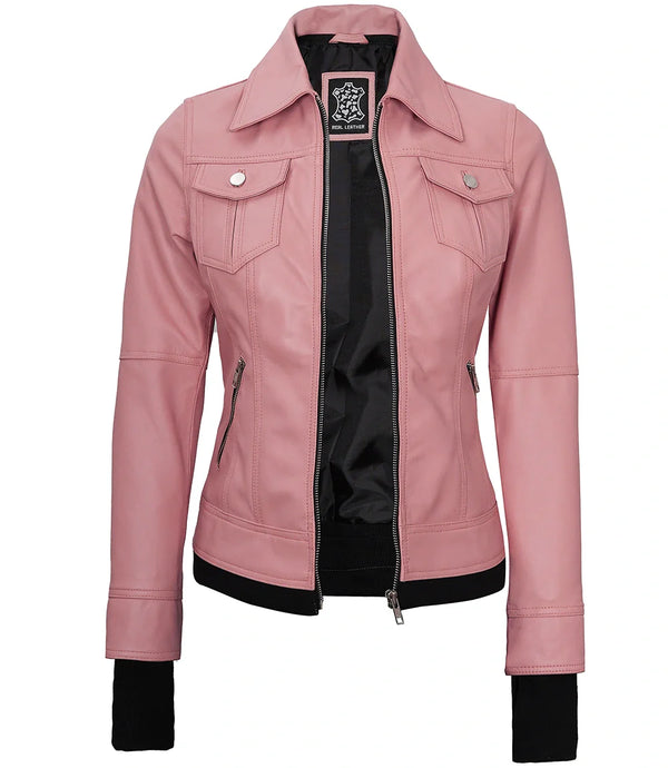 Tralee Women's Bomber Pink Real Leather Jacket with Hood