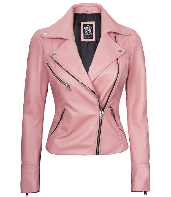 Ninfa Women Moto Style Real Leather Pink Jacket