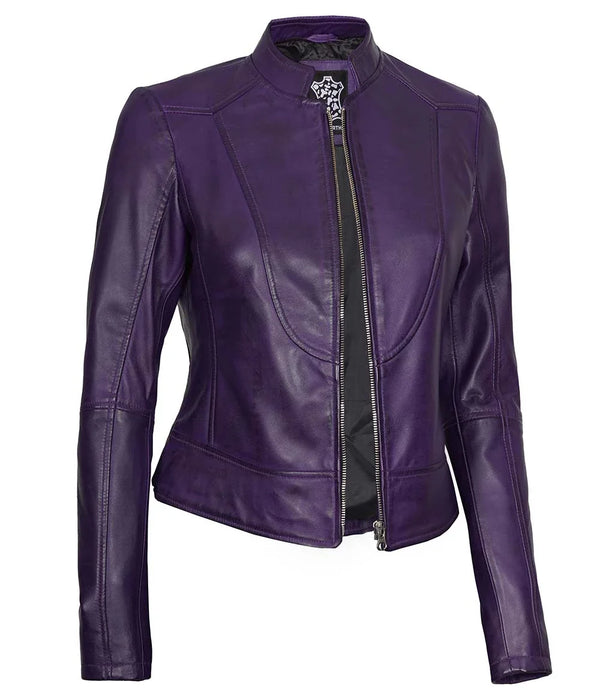 Amy Purple Cafe Racer Women's Leather Jacket