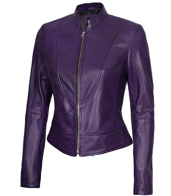 Amy Purple Cafe Racer Women's Leather Jacket