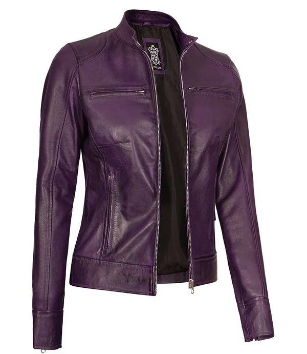 Dodge Women's Purple Leather Biker Jacket - Racer Style