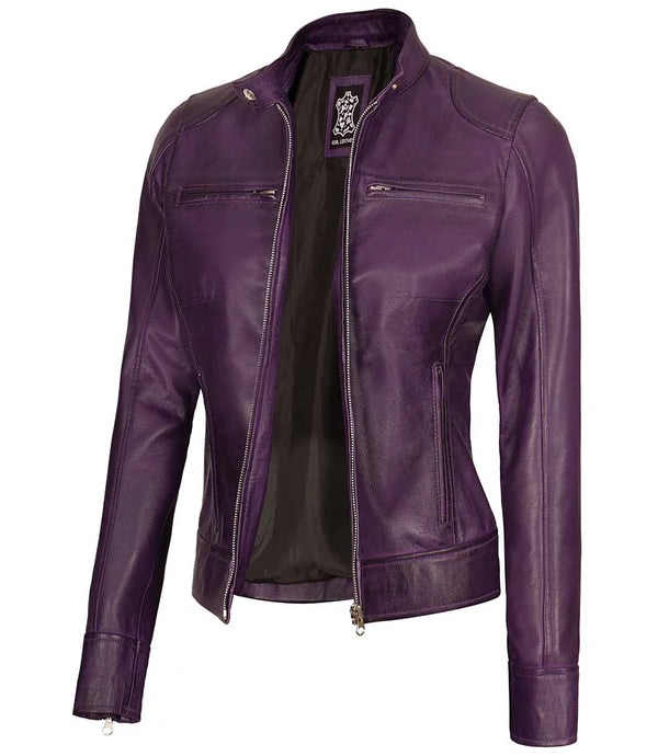 Dodge Women's Purple Leather Biker Jacket - Racer Style