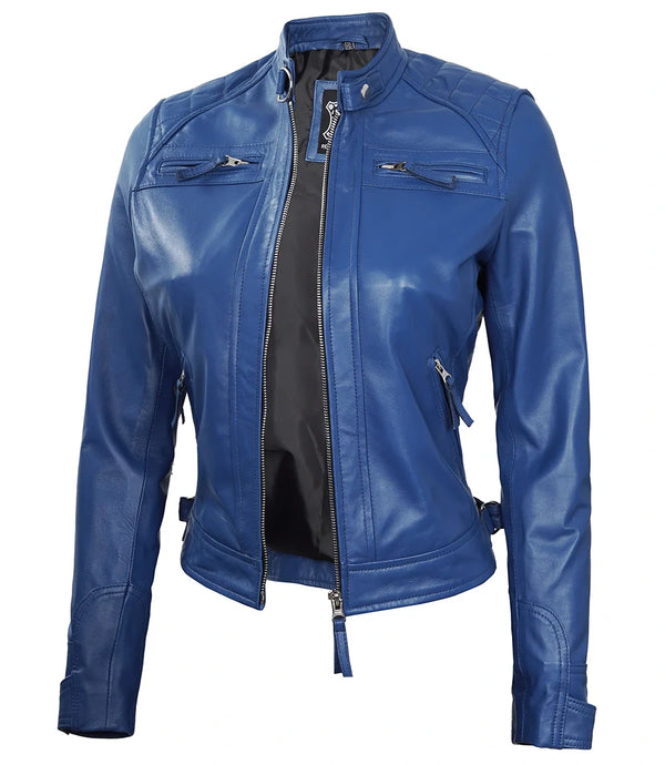 Women Blue Diamond Cafe Racer Real Leather Jacket