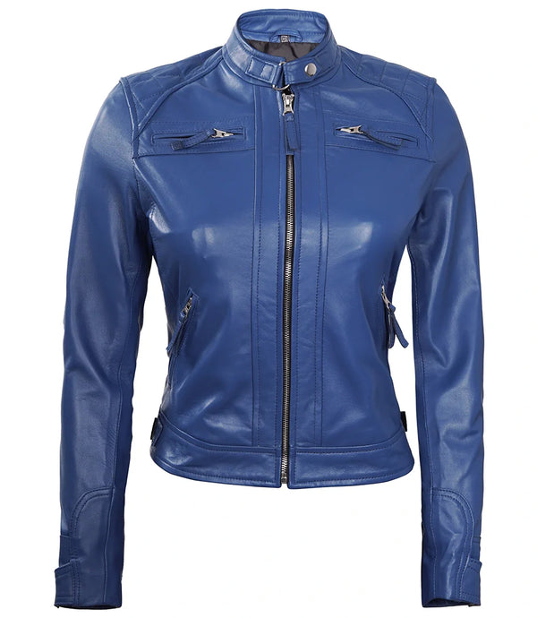 Women Blue Diamond Cafe Racer Real Leather Jacket