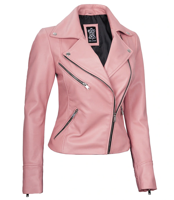 Ninfa Women Moto Style Real Leather Pink Jacket