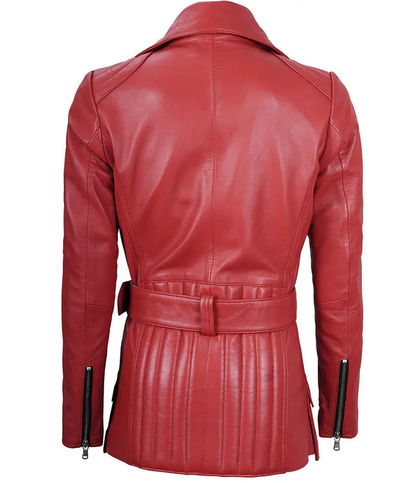 Women's Asymmetrical Red Belted Leather Jacket