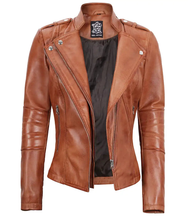 Women's Tan Leather Motorcycle Jacket