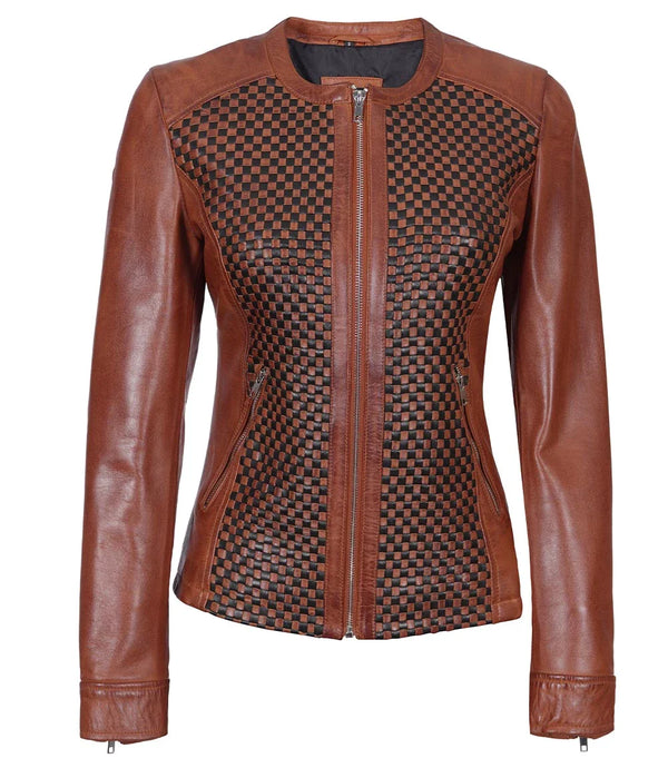 Brown Women's Textured Leather Cafe Racer Jacket