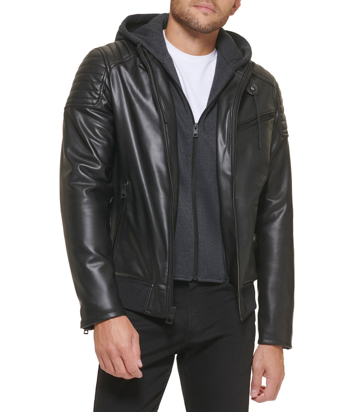 Front side view of a man wearing a Faux Leather Hooded Moto Jacket with a standing collar, zippered front, and hand pockets.