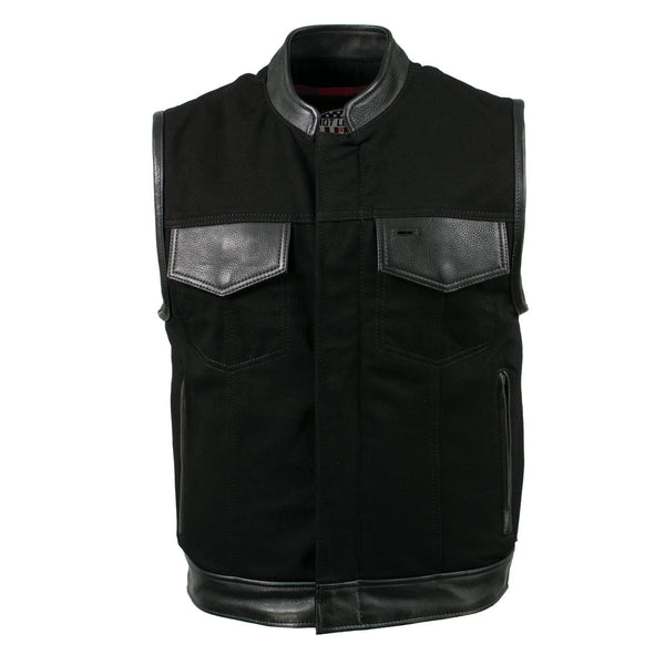 Milwaukee Leather USA MADE MLVSM5101 Men's Black Burn Out Denim and Leather Motorcycle Vest with Plaid Red Lining