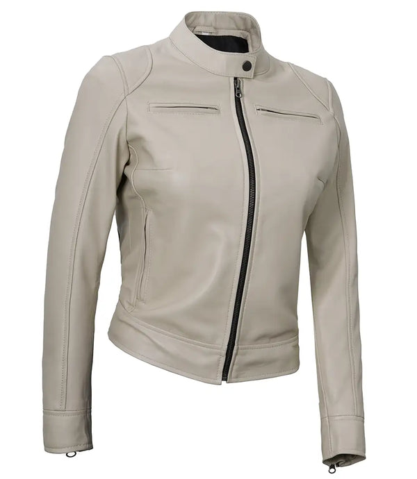 Dodge Women's Cafe Racer Beige Leather Jacket