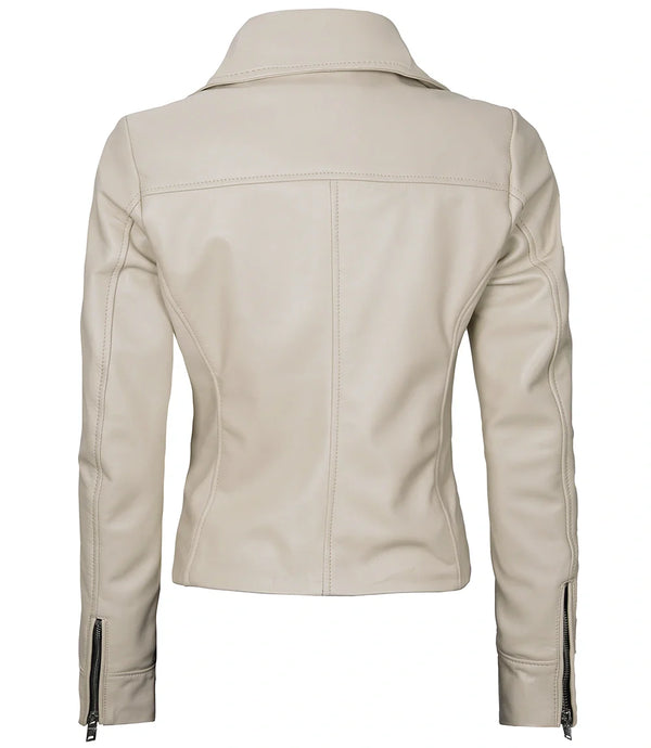 Ninfa Women Moto Style Beige Real Leather Jacket