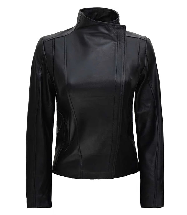 Arezzo Black Flap Closure Leather Cafe Racer Jacket