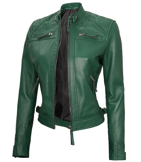 Women Green Diamond Cafe Racer Real Leather Jacket