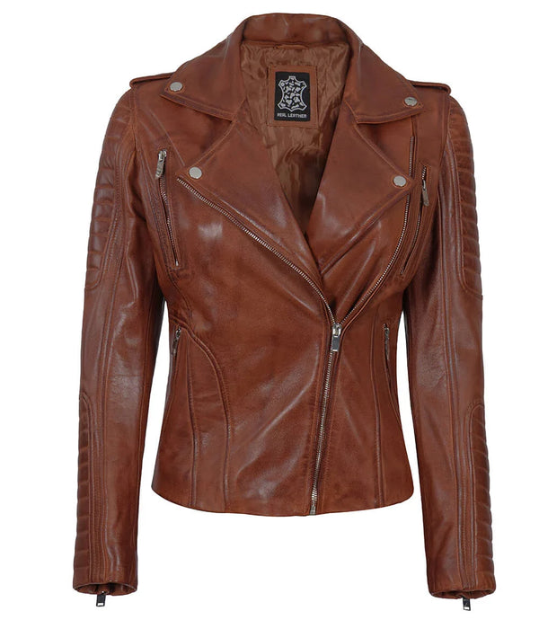 Bagheria Women's Cognac Biker Leather Jacket with Removable Hood