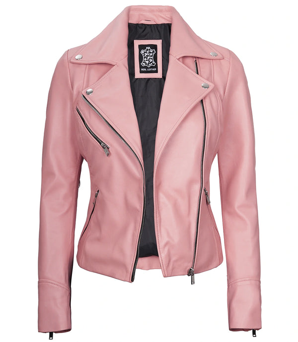 Ninfa Women Moto Style Real Leather Pink Jacket