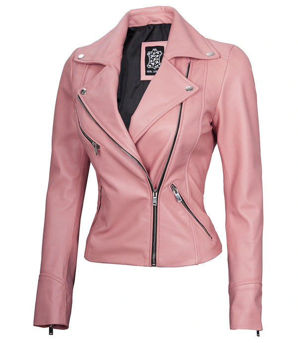 Ninfa Women Moto Style Real Leather Pink Jacket