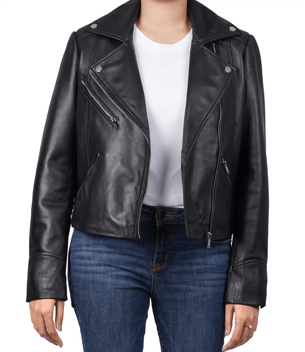 Ninfa Women Moto Style Relaxed Fit Real Leather Jacket