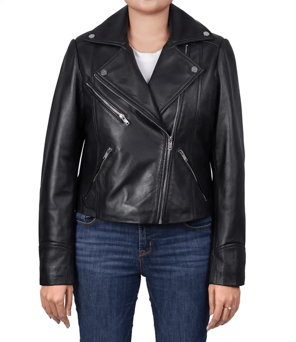 Ninfa Women Moto Style Relaxed Fit Real Leather Jacket