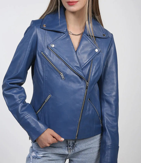 Ninfa Women Moto Style Blue Real Leather Jacket