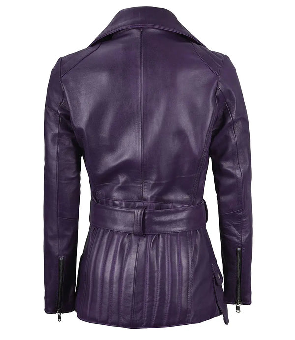 Women's Asymmetrical Purple Belted Leather Jacket