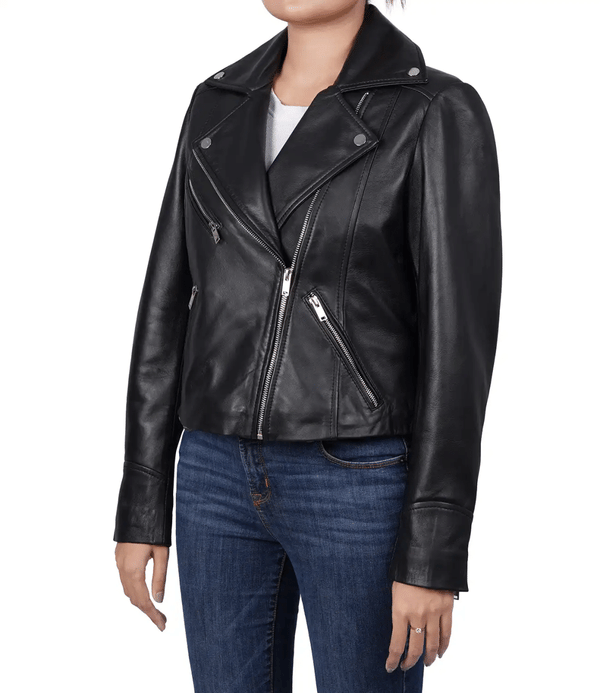 Ninfa Women Moto Style Relaxed Fit Real Leather Jacket