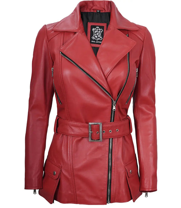 Women's Asymmetrical Red Belted Leather Jacket