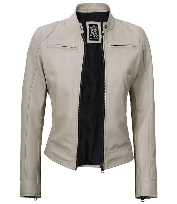 Dodge Women's Cafe Racer Beige Leather Jacket