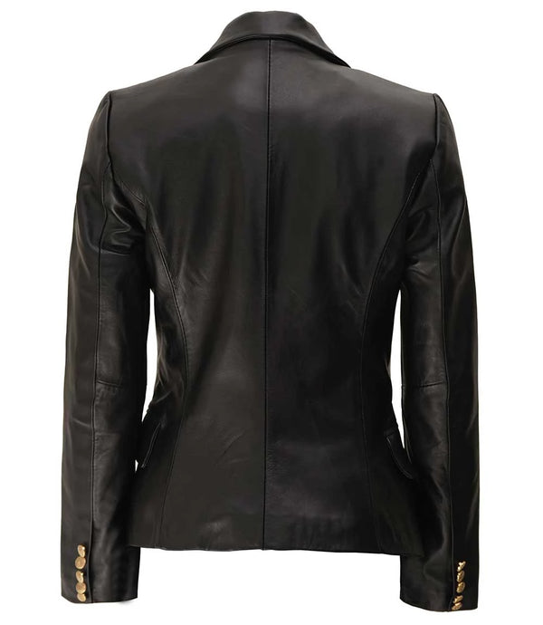 Kim Women's Black Leather Double Breasted Blazer