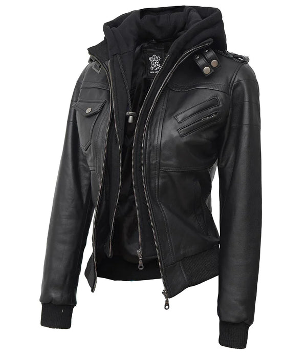 Edinburgh Women's Bomber Black Leather Jacket with Removable Hood