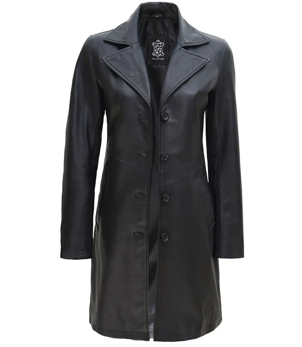 Women Petite Black Leather Car Coat