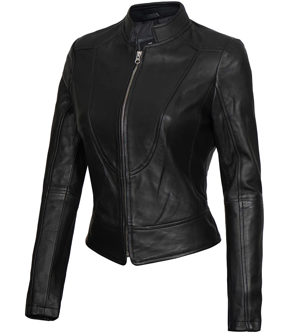 Women's Black Cafe Racer Slim Fit Leather Jacket