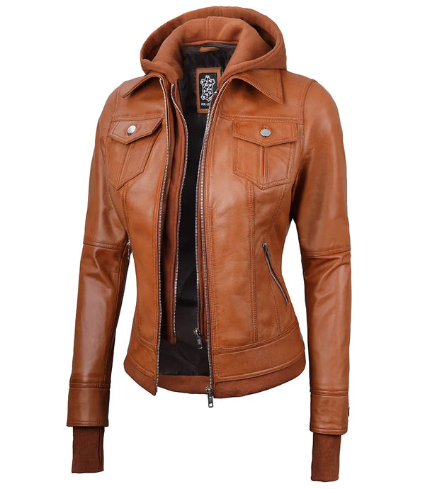 Women's Tan Wax Bomber Real Leather Jacket with Detachable Hood