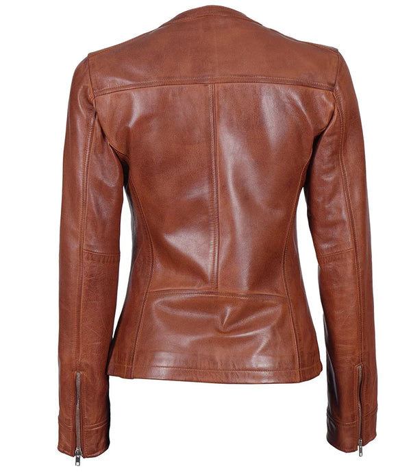 Brown Women's Textured Leather Cafe Racer Jacket