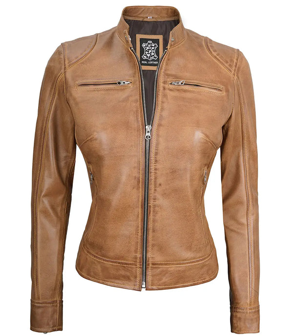 Women's Dodge Camel Cafe Racer Leather Jacket