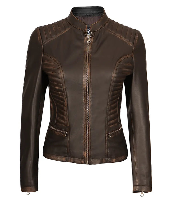 Rachel Women's Dark Brown Rub-off Slim Fit Cafe Racer Leather Jacket