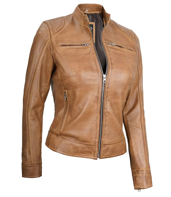 Women's Dodge Camel Cafe Racer Leather Jacket