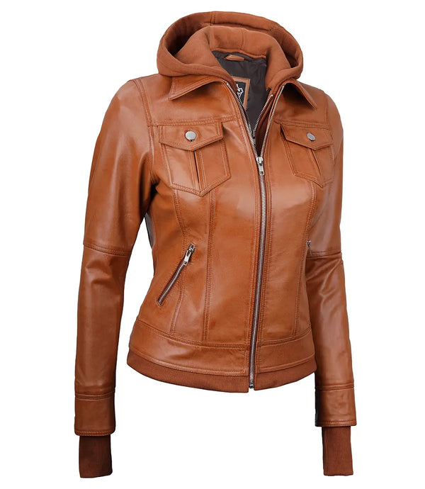 Women's Tan Wax Bomber Real Leather Jacket with Detachable Hood