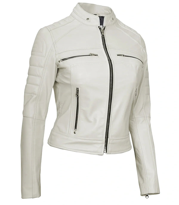 Austin Women's Off White Cafe Racer Biker Real Leather Jacket