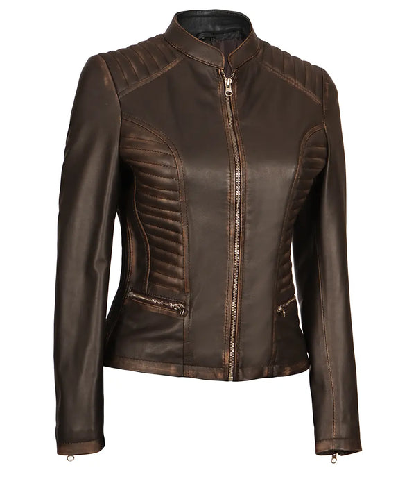 Rachel Women's Dark Brown Rub-off Slim Fit Cafe Racer Leather Jacket